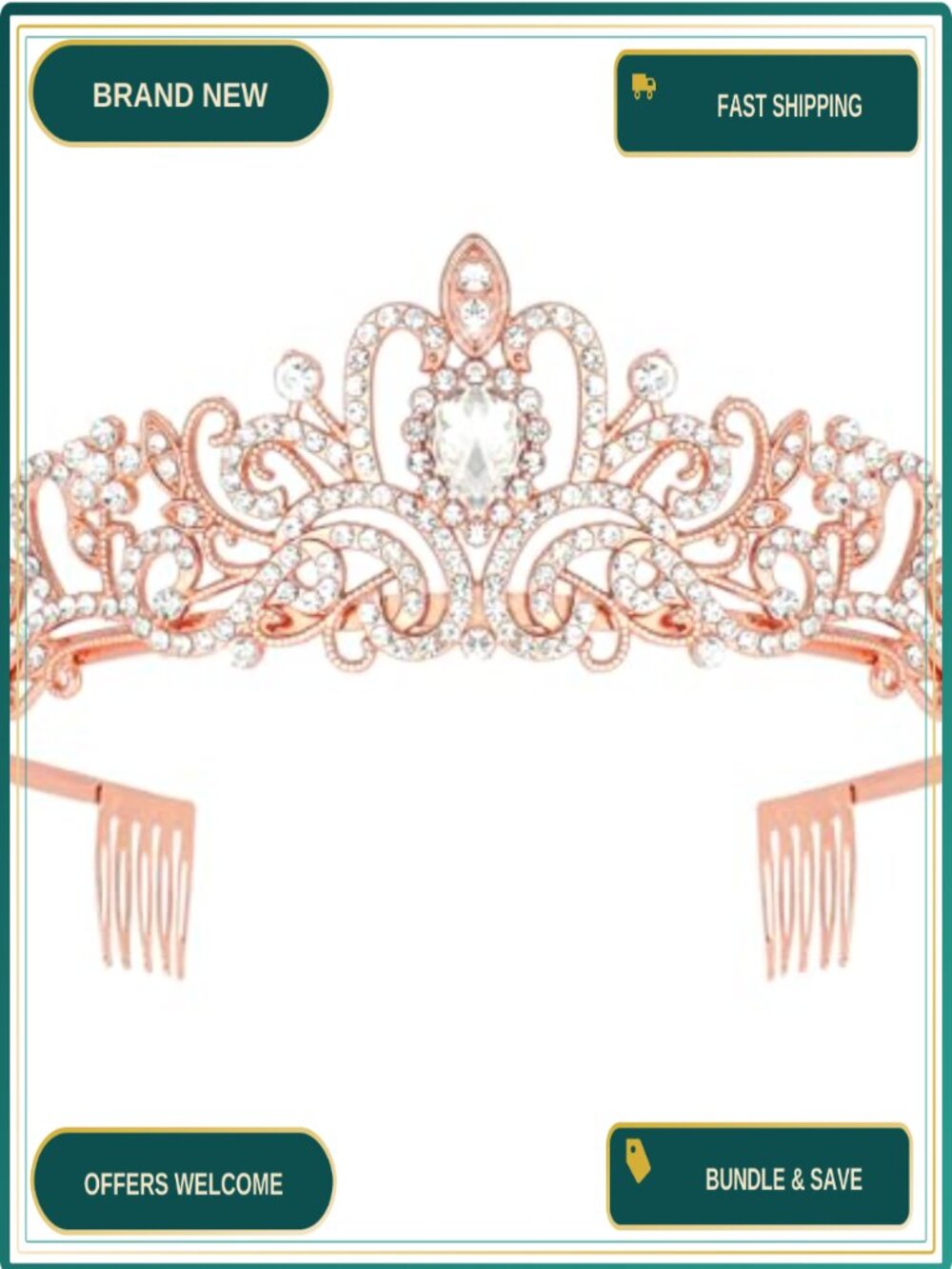 Rhinestone Tiara Crown Headband with Combs for Wedding Prom